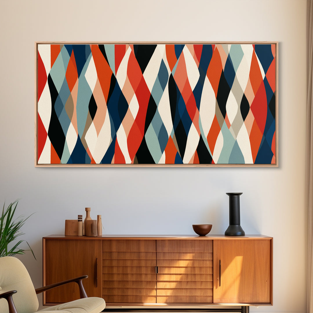 Red Teal Cream Wavy Diamond Pattern Framed Canvas Print, Retro Modern Abstract Wall Art, Mid Century Decor For Living Room