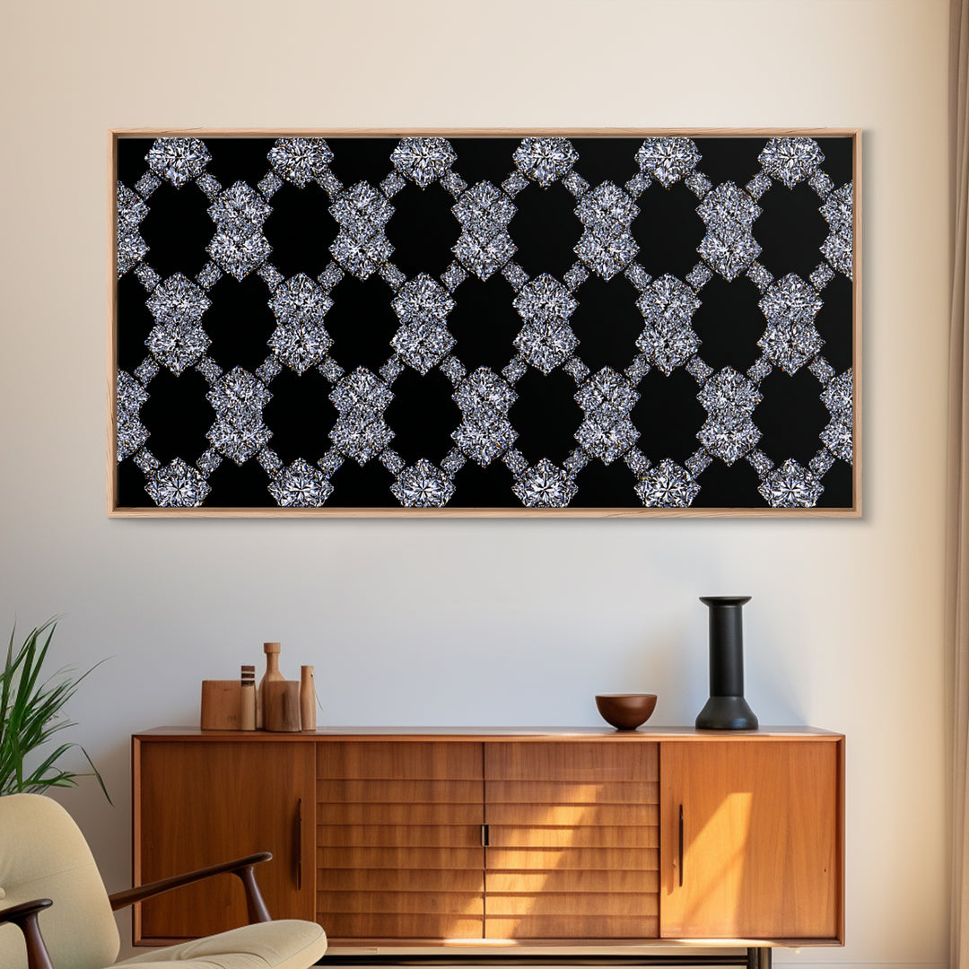 Silver Black Sparkle Diamond Lattice Wall Art, Glam Geometric Abstract Print, Modern Wall Decor For Bedroom Office Gallery