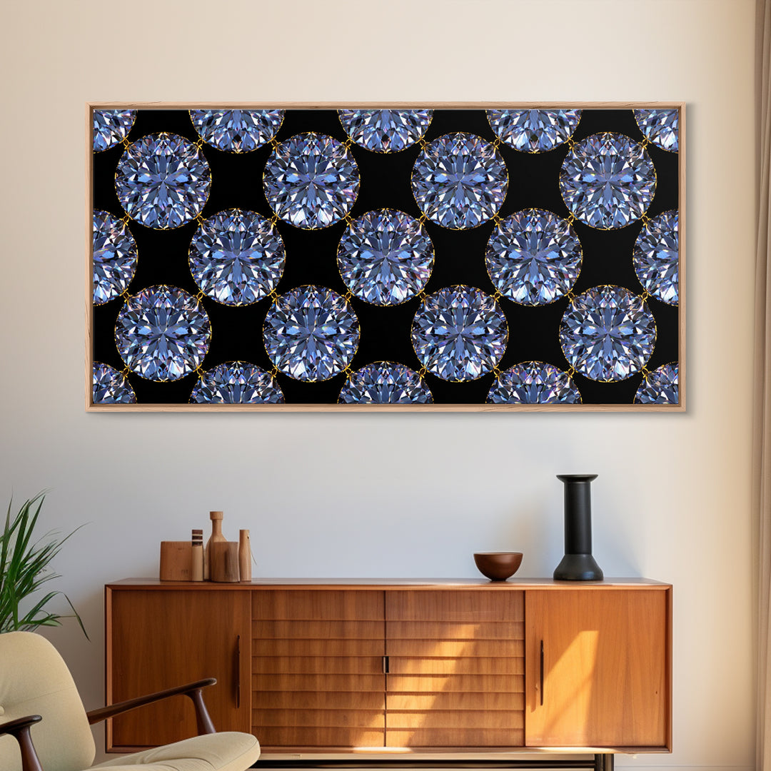Blue Diamond Gemstone Circle Pattern Framed Canvas Print, Glam Modern Wall Art, Geometric Decor For Bedroom Vanity Office