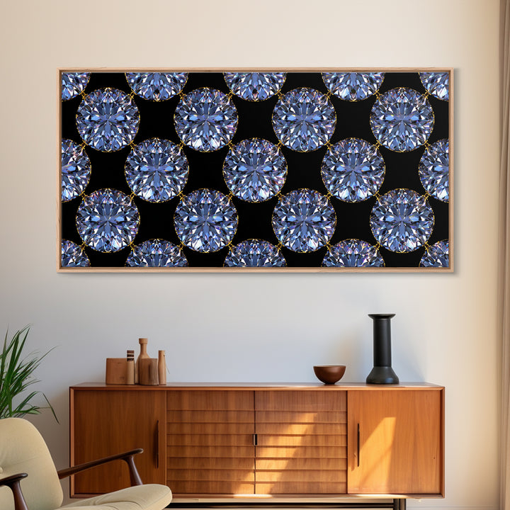 Blue Diamond Gemstone Circle Pattern Framed Canvas Print, Glam Modern Wall Art, Geometric Decor For Bedroom Vanity Office