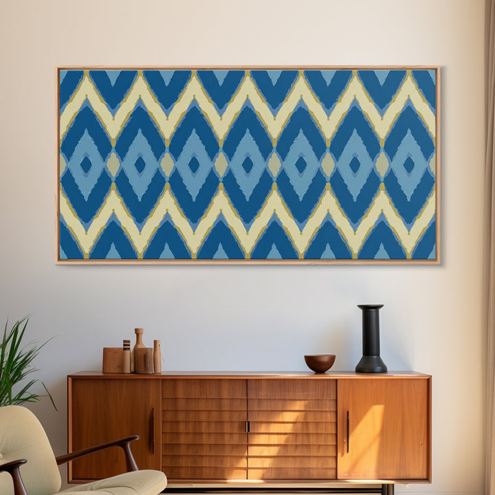 Blue Gold Ikat Chevron Diamond Wall Art, Scandinavian Modern Geometric Print, Mid Century Decor For Bedroom Living Room Home