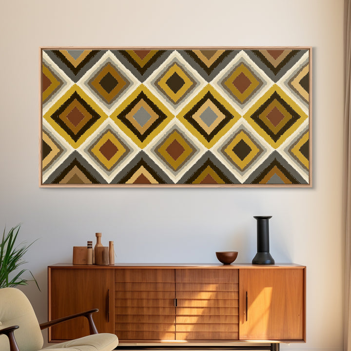 Brown Gold Gray Retro Diamond Pattern Canvas Print, Mid Century Modern Wall Art, Geometric MCM Decor For Living Room Office