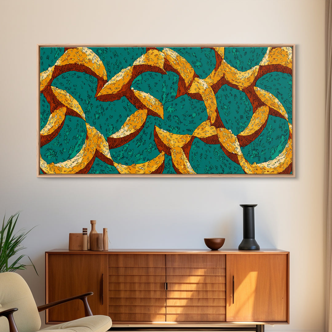Teal And Mustard Boomerang Atomic Pattern Wall Art, Midcentury Modern Retro Print, Funky Geometric Decor For Home Office