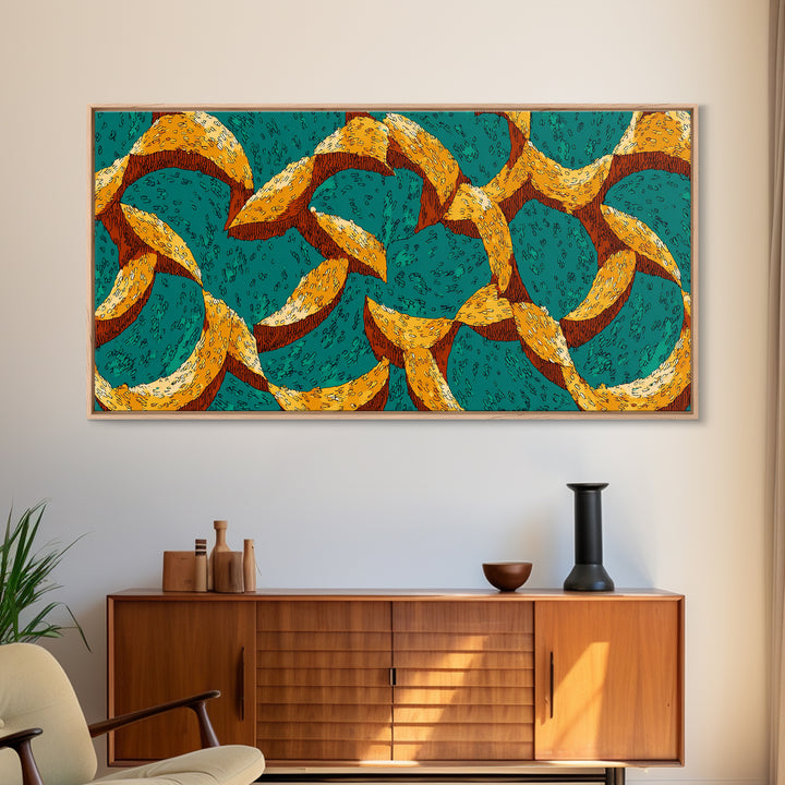 Teal And Mustard Boomerang Atomic Pattern Wall Art, Midcentury Modern Retro Print, Funky Geometric Decor For Home Office