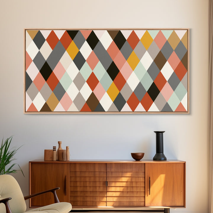 Pastel Orange Gray Harlequin Diamond Wall Art, Mid Century Modern Abstract Print, Geometric MCM Decor For Living Room Office