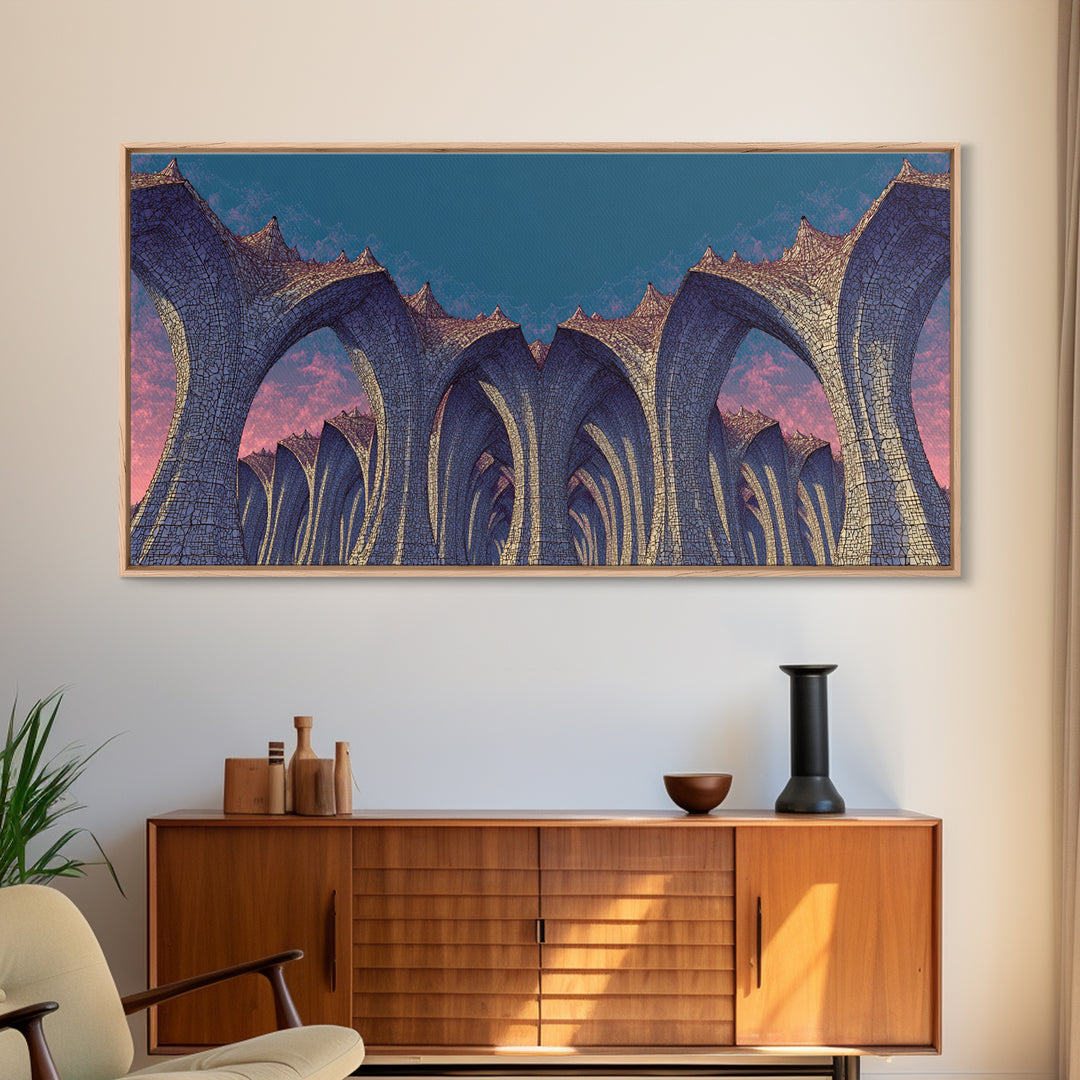 Gothic Blue Arches At Dusk Wall Art, Architectural Art Print, Midcentury Modern Decor, Abstract Wall Decor, Large Canvas