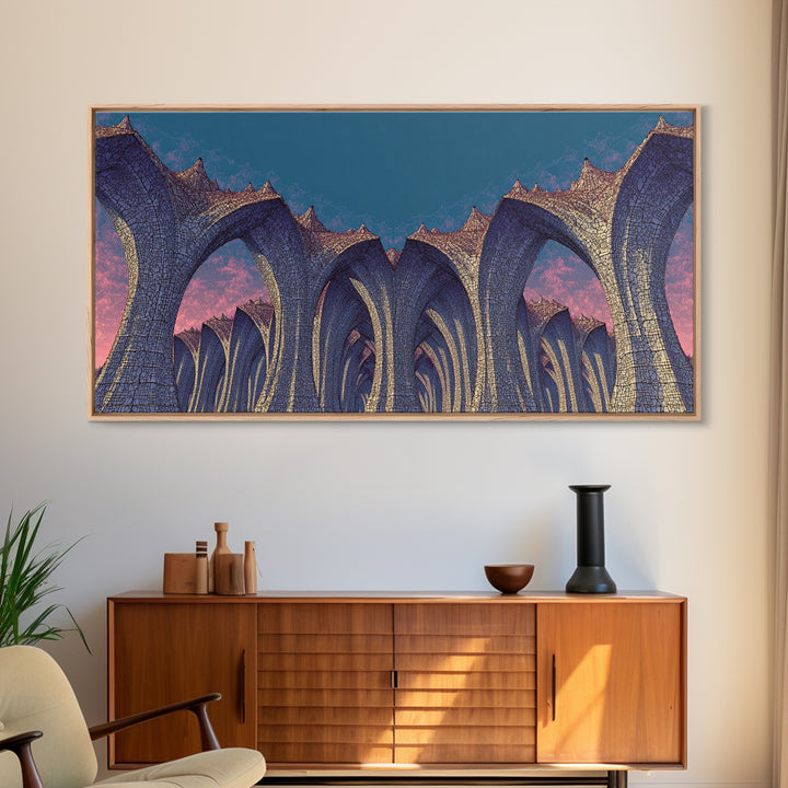 Gothic Blue Arches At Dusk Wall Art, Architectural Art Print, Midcentury Modern Decor, Abstract Wall Decor, Large Canvas