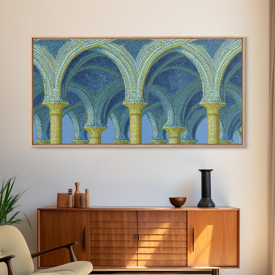 Blue Gold Mosaic Vaulted Arches Framed Canvas Print, Architectural Art, Modern Wall Decor, Midcentury Abstract Art, Blue Art Print
