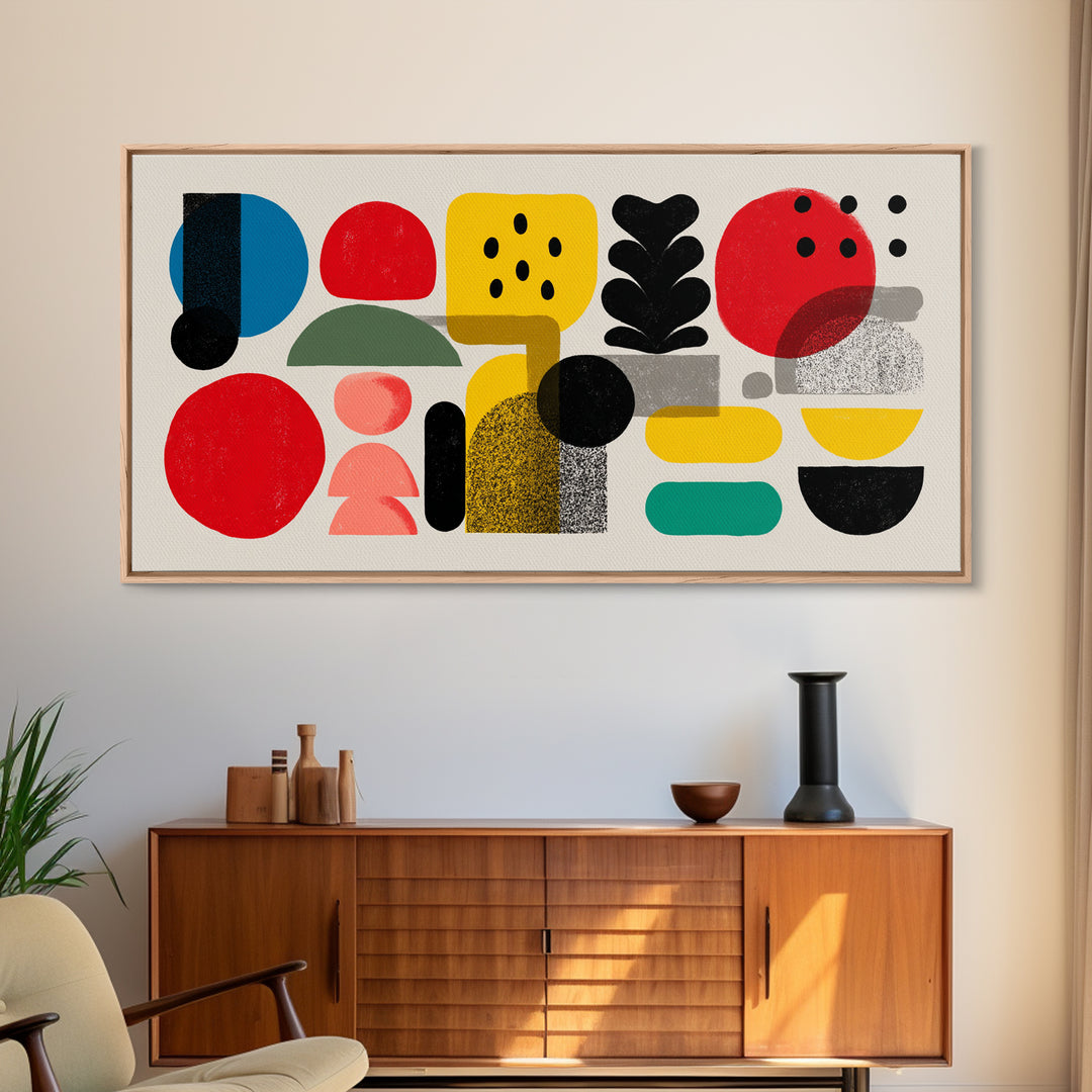 Playful Bauhaus Shapes And Plant Canvas Print, Midcentury Modern Wall Art, Colorful Abstract Decor, Modern Art Print, Home Office Art