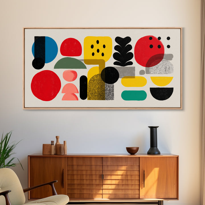 Playful Bauhaus Shapes And Plant Canvas Print, Midcentury Modern Wall Art, Colorful Abstract Decor, Modern Art Print, Home Office Art