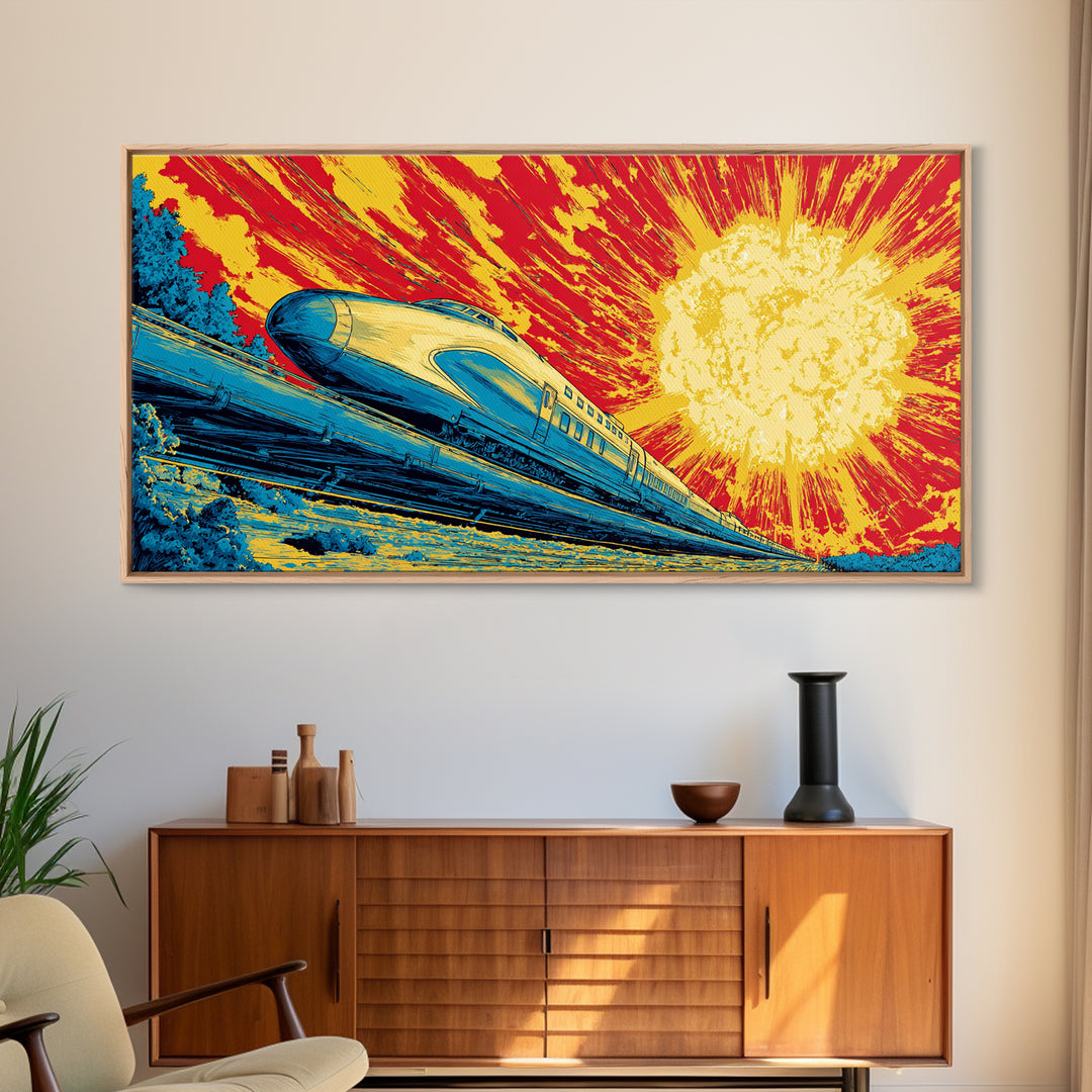 Streamlined Bullet Train Canvas Print, Blazing Solar Sky Poster, Retro Sci Fi Travel Art, Midcentury Modern Wall Decor, MCM