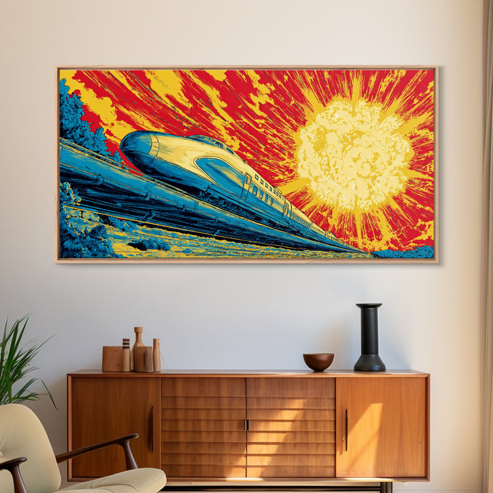 Streamlined Bullet Train Canvas Print, Blazing Solar Sky Poster, Retro Sci Fi Travel Art, Midcentury Modern Wall Decor, MCM