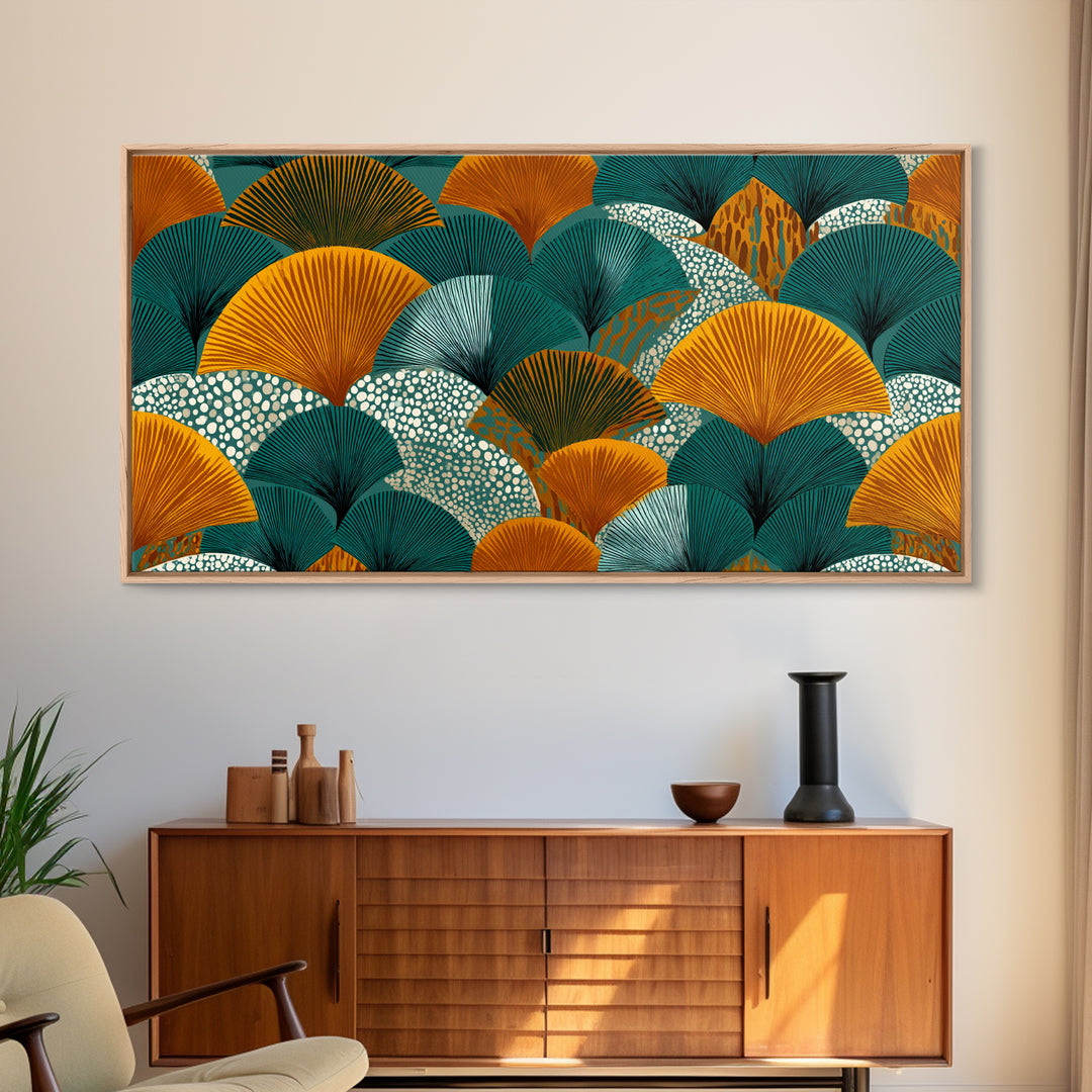 Ginkgo Fan Leaves In Teal Mustard And Aqua Canvas Print, Midcentury Modern Botanical Wall Art, Art Deco Pattern Decor Poster