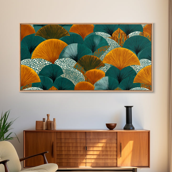 Ginkgo Fan Leaves In Teal Mustard And Aqua Canvas Print, Midcentury Modern Botanical Wall Art, Art Deco Pattern Decor Poster