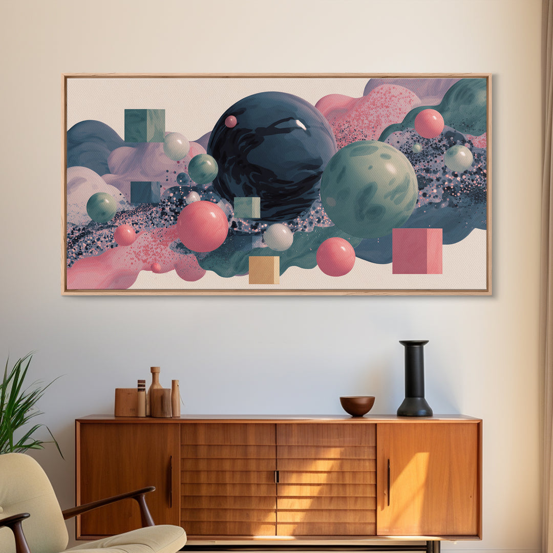 Pastel 3D Spheres And Abstract Cloudscape Framed Canvas Print, Midcentury Modern Wall Art, Retro Modern Home Decor, Gallery Wall Decor