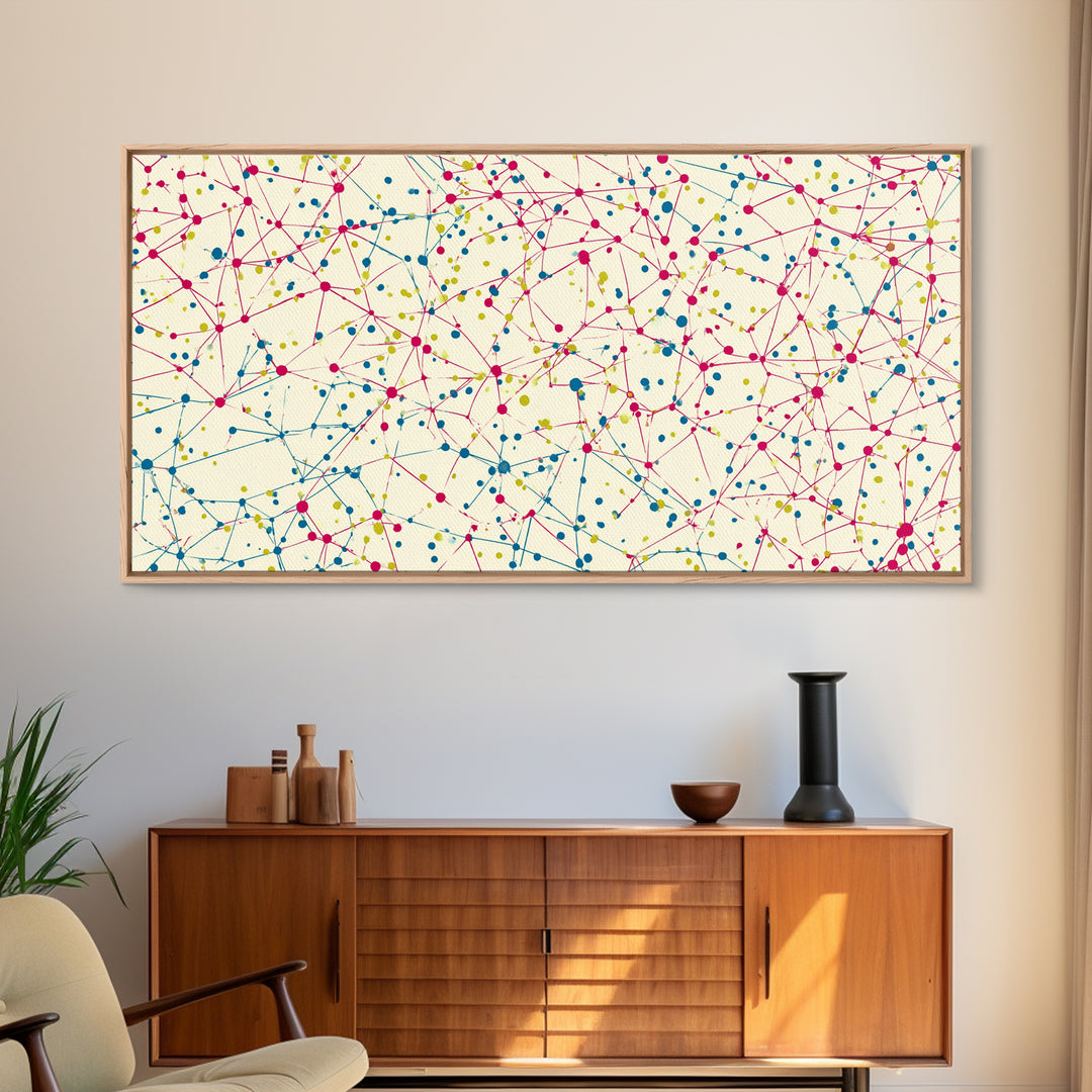 Pink Teal Yellow Connected Dot Pattern Canvas Print, Midcentury Modern Abstract Wall Art, Colorful Geometric Home Office Decor