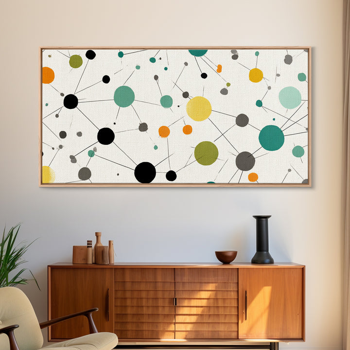 Teal Yellow Orange Atomic Circles Framed Canvas Print, Midcentury Modern Wall Art, Geometric Abstract Office And Home Decor