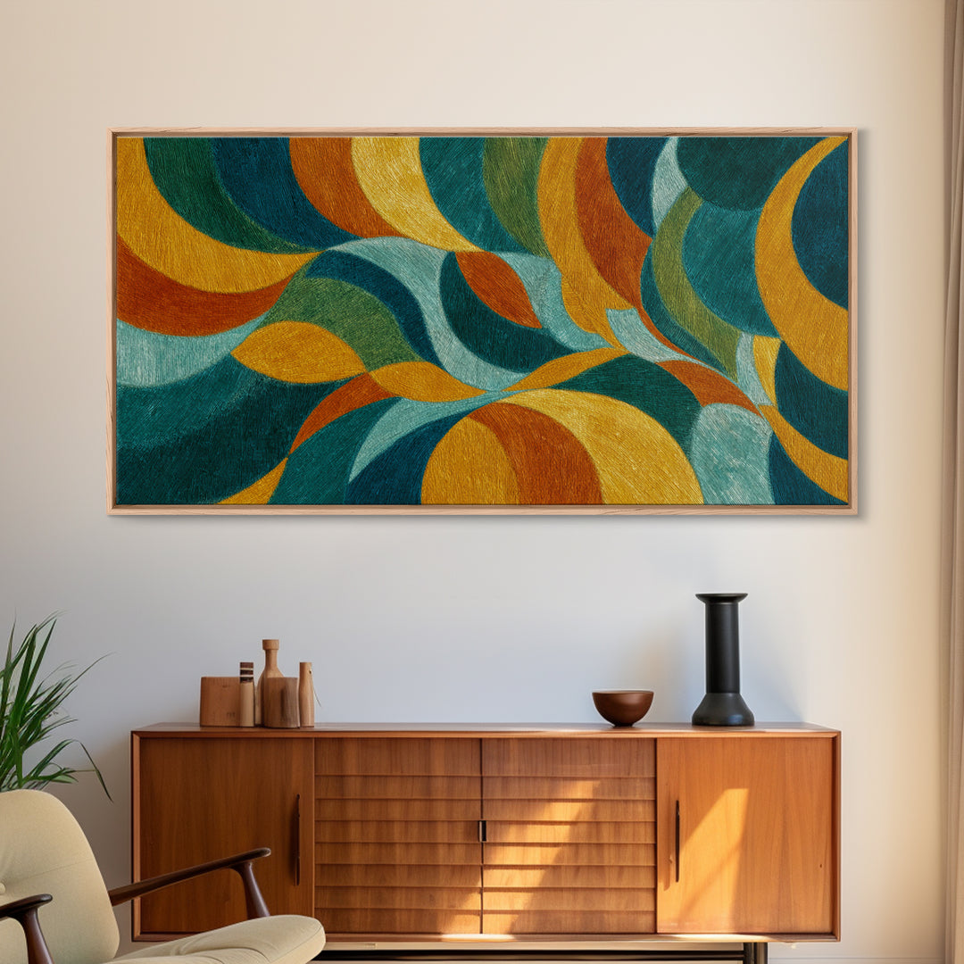Teal Gold Orange Flowing Abstract Wall Art, Midcentury Modern Canvas Print, Retro Geometric Living Room Statement Decor Art
