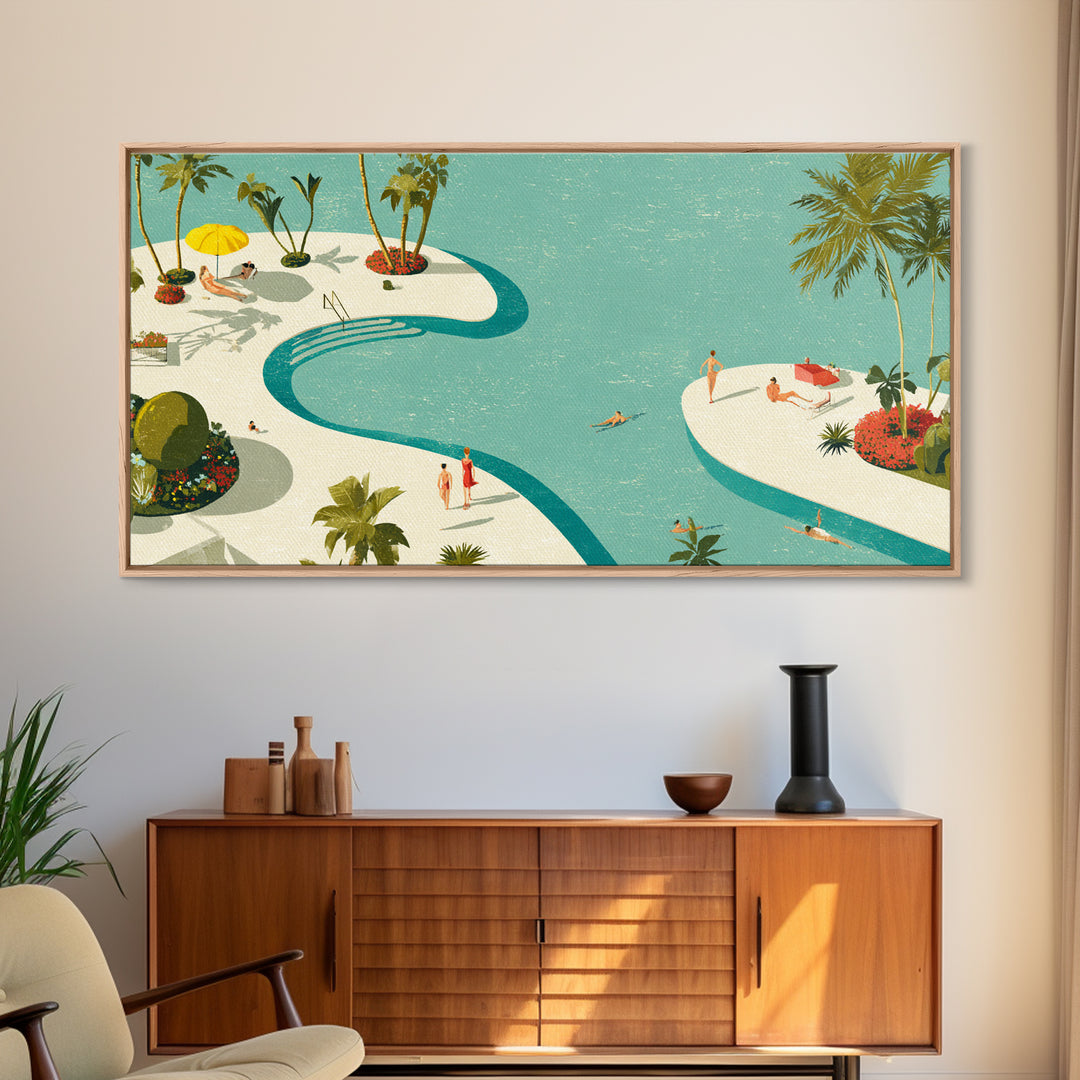 Retro Palm Resort Pool With Turquoise Lagoons Wall Art, Mid Century Modern Decor, MCM Travel Poster, Coastal Home Print Gift