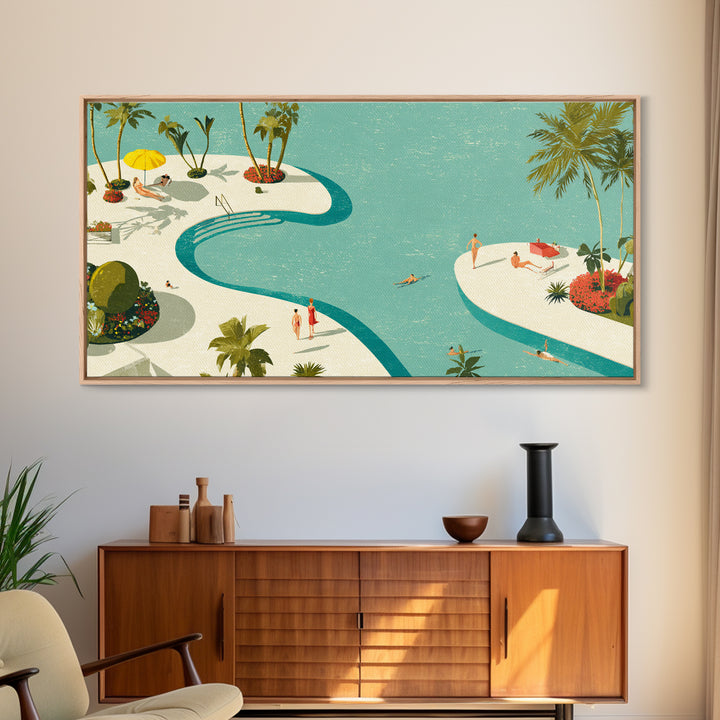 Retro Palm Resort Pool With Turquoise Lagoons Wall Art, Mid Century Modern Decor, MCM Travel Poster, Coastal Home Print Gift