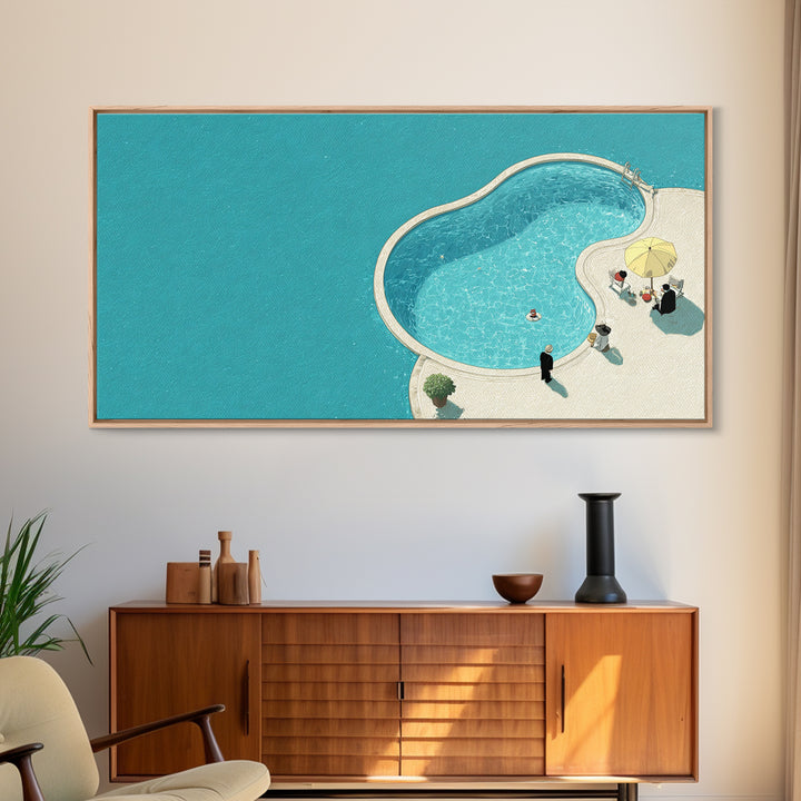 Minimal Aqua Kidney Pool With Umbrellas Canvas Print, Mid Century Modern Wall Decor, Retro Resort Poster, Coastal Pool Art