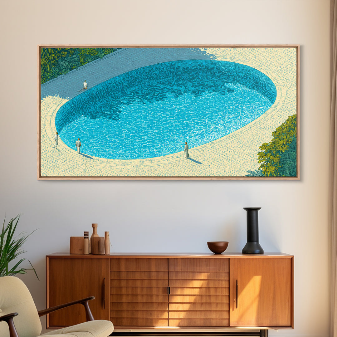 Oval Blue Swimming Pool And Garden Wall Art, Mid Century Modern Decor, Minimalist Coastal Print, Retro Summer Poster, Home Decor