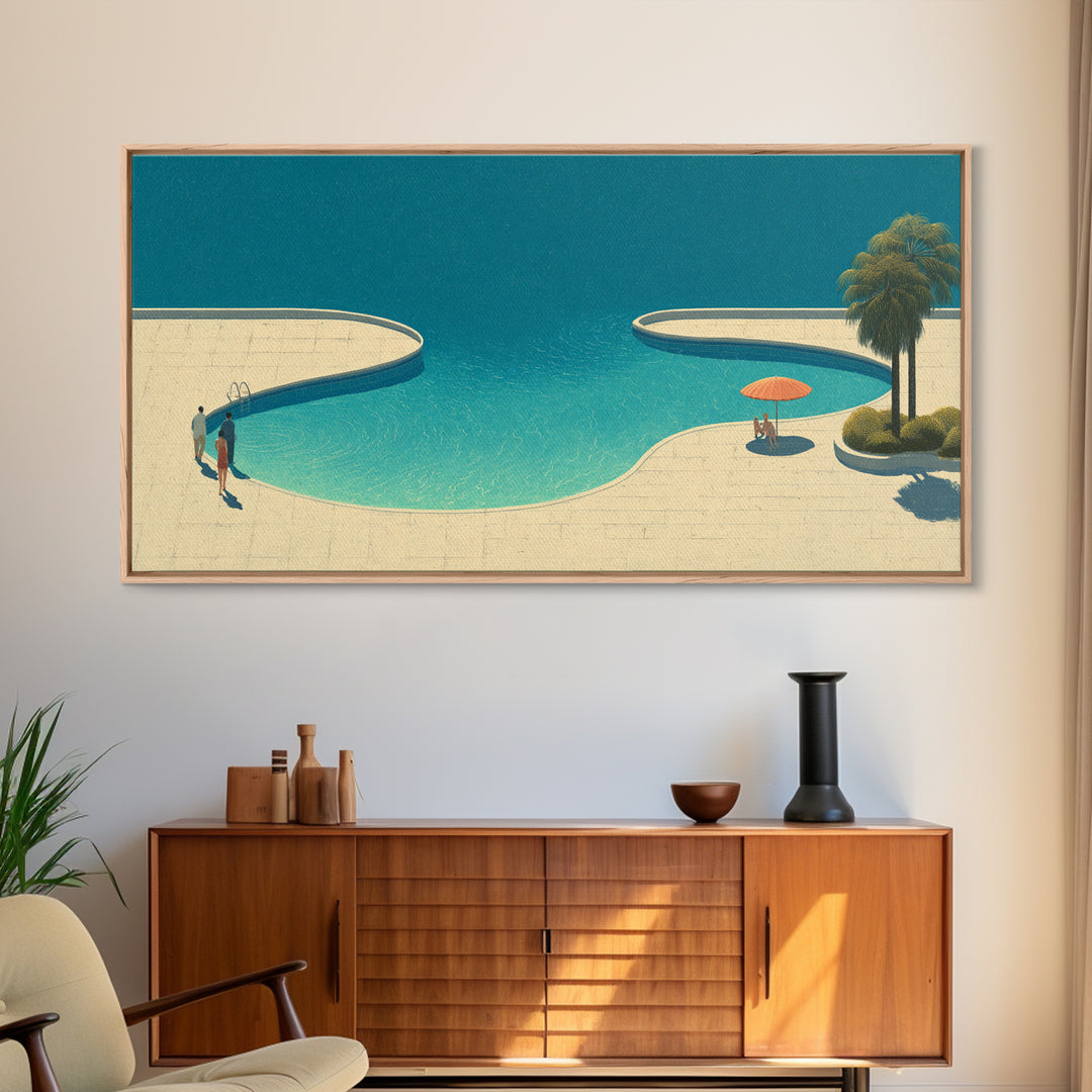 Serene Lagoon Pool With Palm And Umbrella Framed Canvas Print, Mid Century Modern Wall Decor, Retro Coastal Resort Art Poster