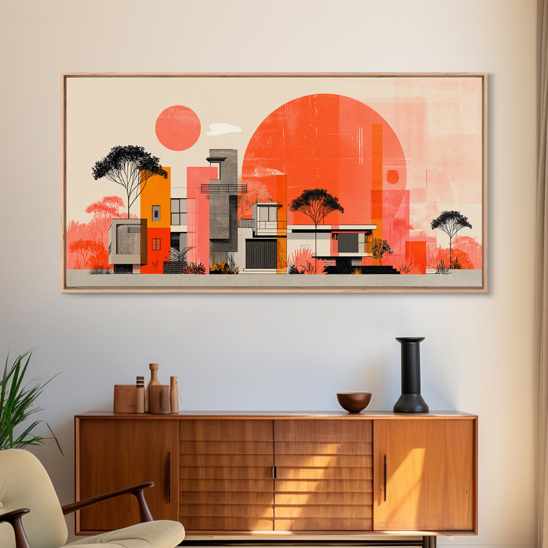 Orange Modernist Architecture And Red Sun Wall Art, Mid Century Modern Decor, Abstract Desert Print, Bauhaus Style Poster