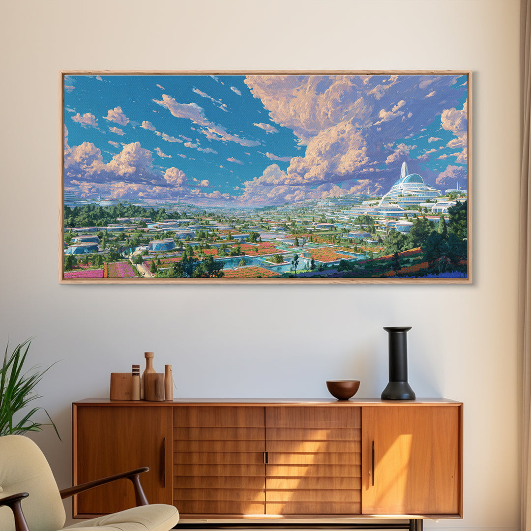 Futuristic Eco City Under Big Clouds Canvas Print, Sci Fi Landscape Wall Decor, Modern Utopia Poster, Panoramic Home Art