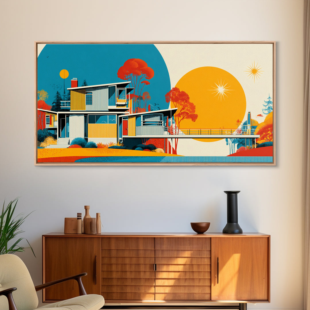Midcentury House With Teal Arch And Golden Sun Wall Art, Mid Century Modern Decor, Retro Geometric Poster, Orange Print Gift