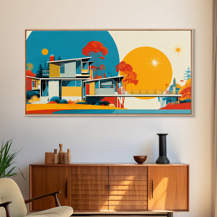Midcentury House With Teal Arch And Golden Sun Wall Art, Mid Century Modern Decor, Retro Geometric Poster, Orange Print Gift