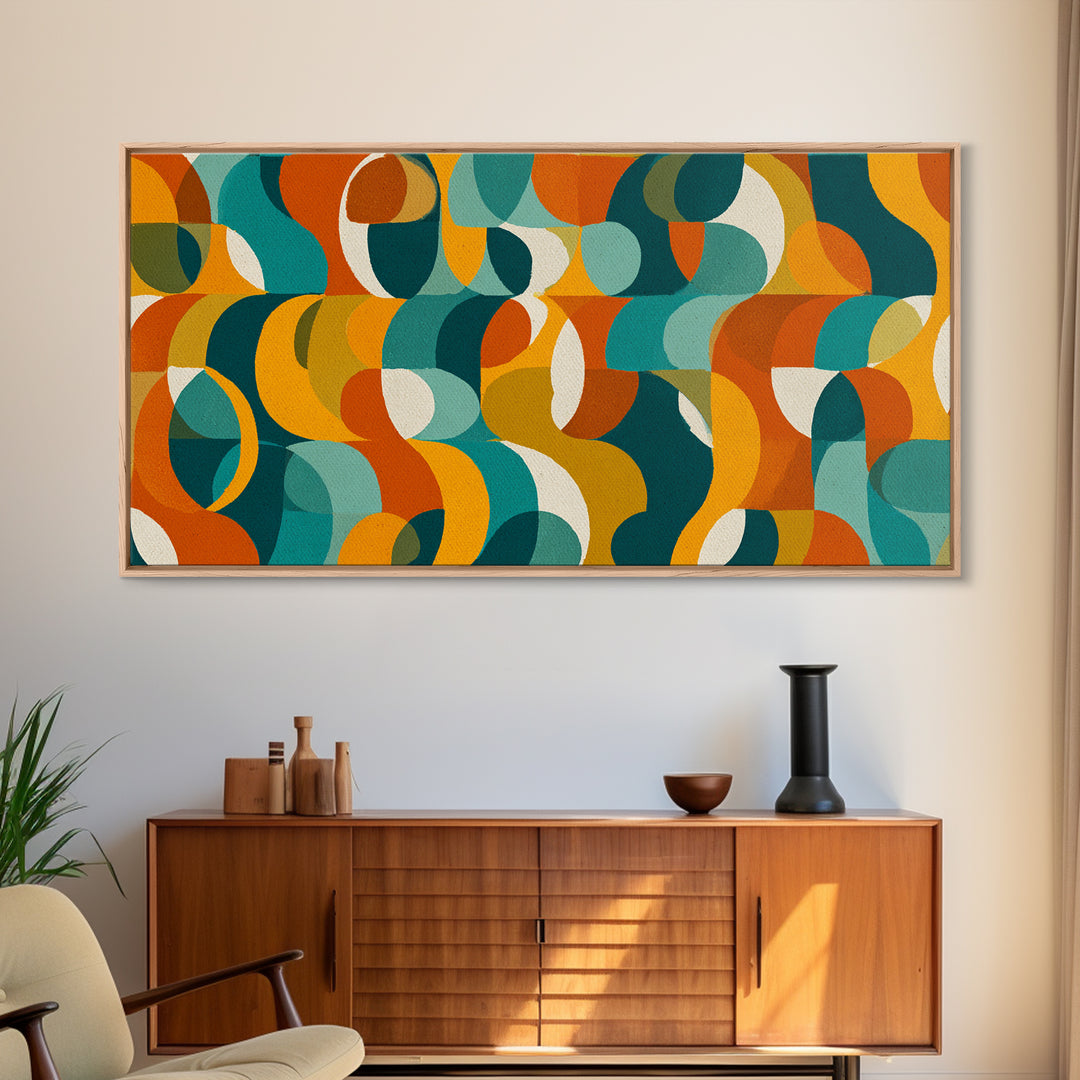 Teal Orange Mustard Geometric Pattern Canvas Print, Midcentury Modern Wall Art, Retro Bauhaus Living Room Decor, Bold MCM Home Decor Art