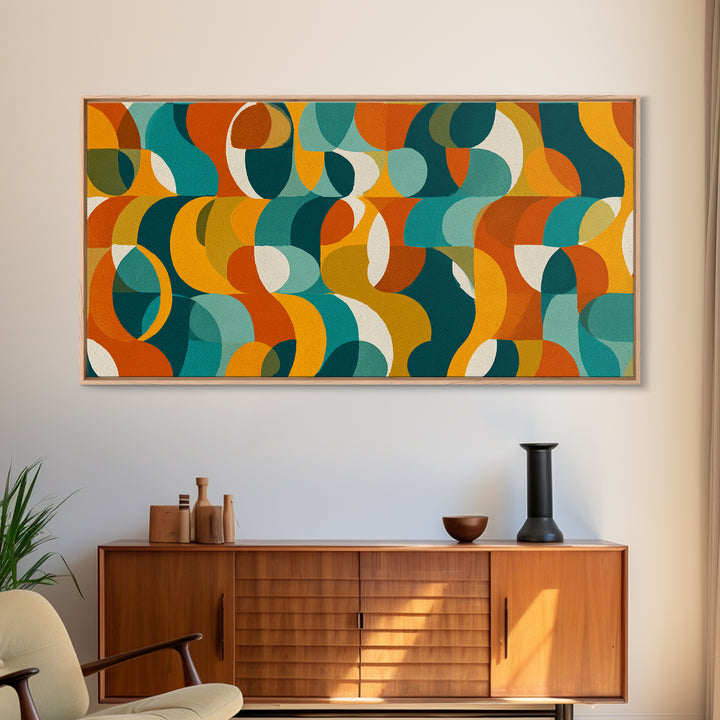Teal Orange Mustard Geometric Pattern Canvas Print, Midcentury Modern Wall Art, Retro Bauhaus Living Room Decor, Bold MCM Home Decor Art