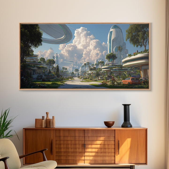 Futuristic Garden City With Rings And Towers Canvas Print, Sci Fi Wall Decor, Modern Landscape Poster, Eco Utopia Home Art