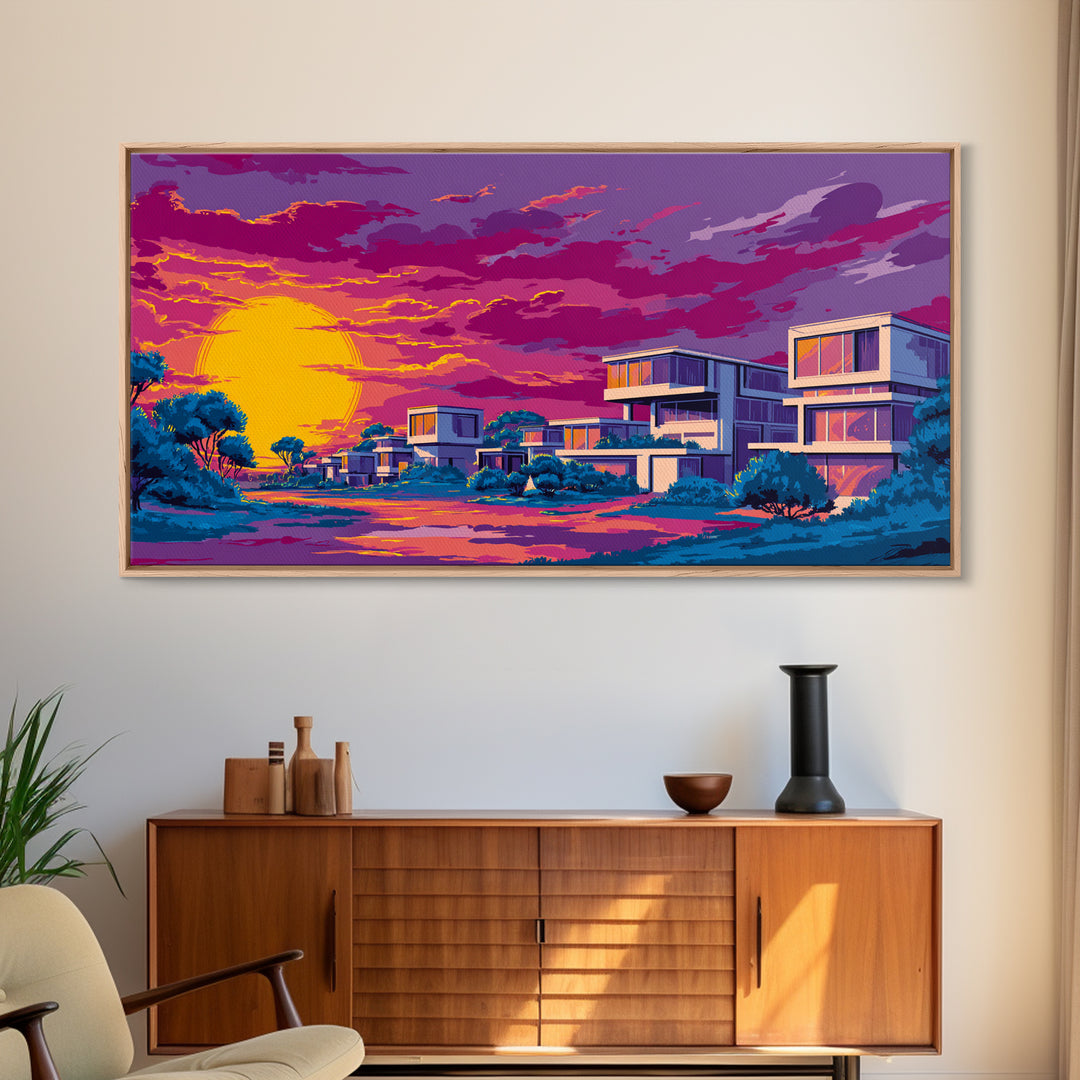 Vibrant Sunset Midcentury Homes Wall Art, Retro Modern Landscape Print, Palm Springs Decor, Colorful MCM Living Room Art