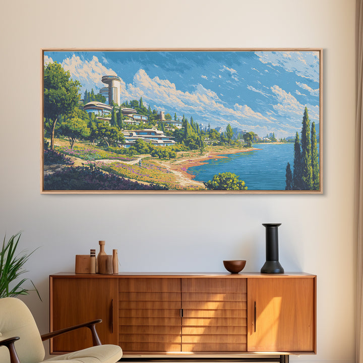 Sunny Lake Como Futuristic Villas Framed Canvas Print, Midcentury Modern Wall Art, Scenic Travel Poster, Blue Home Decor Print