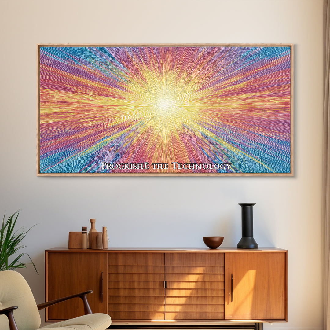 Golden Progress Technology Sunburst Wall Art, Psychedelic Op Art Print, Retro Futuristic Poster, Colorful Office Decor Gift