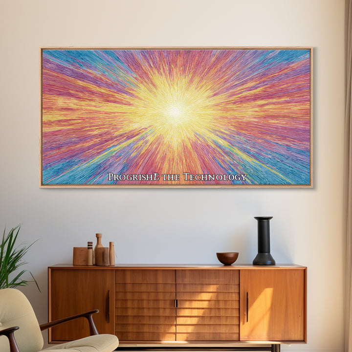 Golden Progress Technology Sunburst Wall Art, Psychedelic Op Art Print, Retro Futuristic Poster, Colorful Office Decor Gift