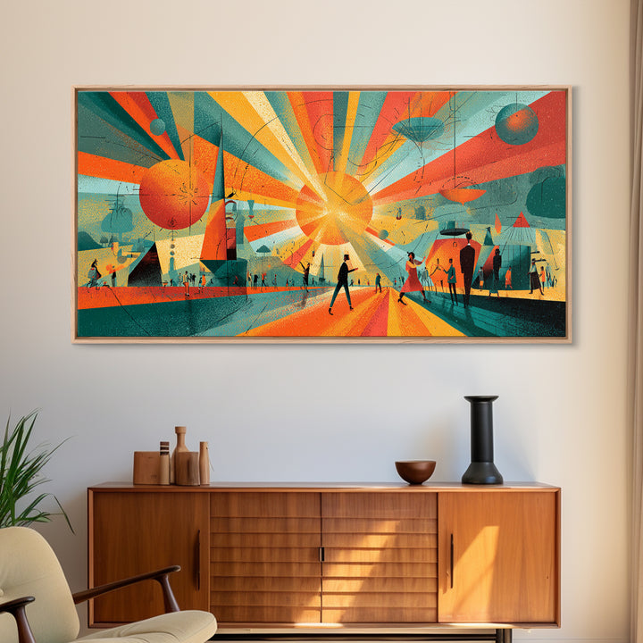 Futuristic Orange Teal City Plaza Framed Canvas Print, Atomic Midcentury Modern Wall Art, Geometric Retro Decor Poster Print
