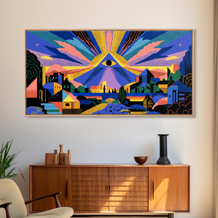 All Seeing Eye Over Colorful City Wall Art, Spiritual Midcentury Modern Print, Psychedelic Retro Poster, Mystical Decor Gift
