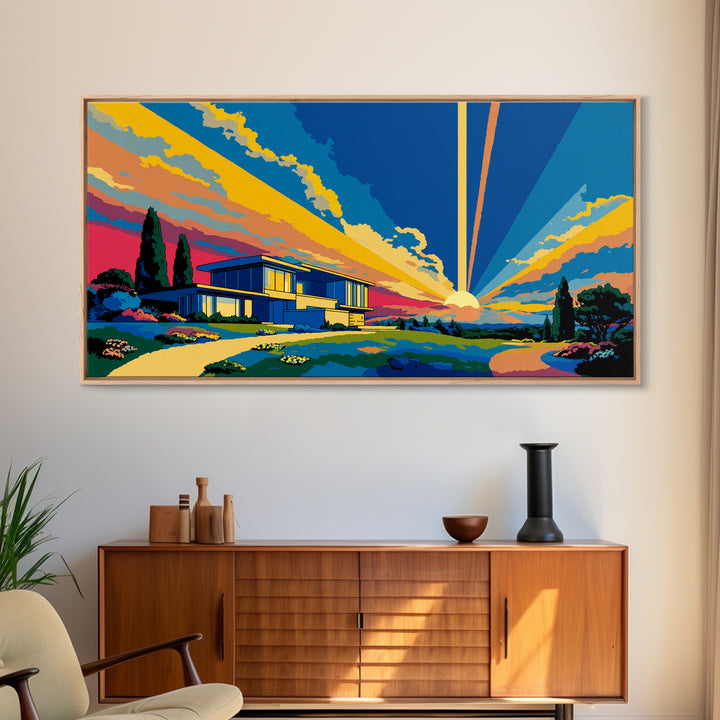 Modernist Home At Sunset Framed Canvas Print, Midcentury Modern Wall Art, Palm Springs Architecture Decor, MCM Poster Print