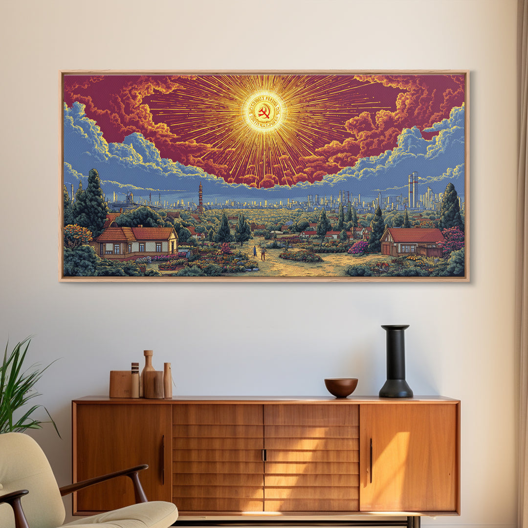 Radiant Socialist Sunrise Over Garden City Wall Art, Retro Futurist Poster, Midcentury Modern Decor, Bold Landscape Print