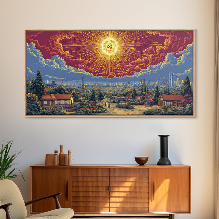 Radiant Socialist Sunrise Over Garden City Wall Art, Retro Futurist Poster, Midcentury Modern Decor, Bold Landscape Print