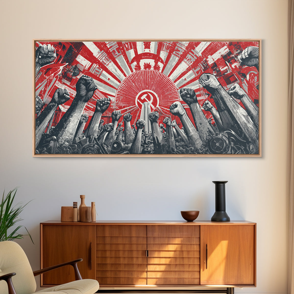 Raised Fists Revolutionary Sunburst Wall Art, Red Black Retro Poster, Midcentury Modern Decor, Bold Graphic Protest Print