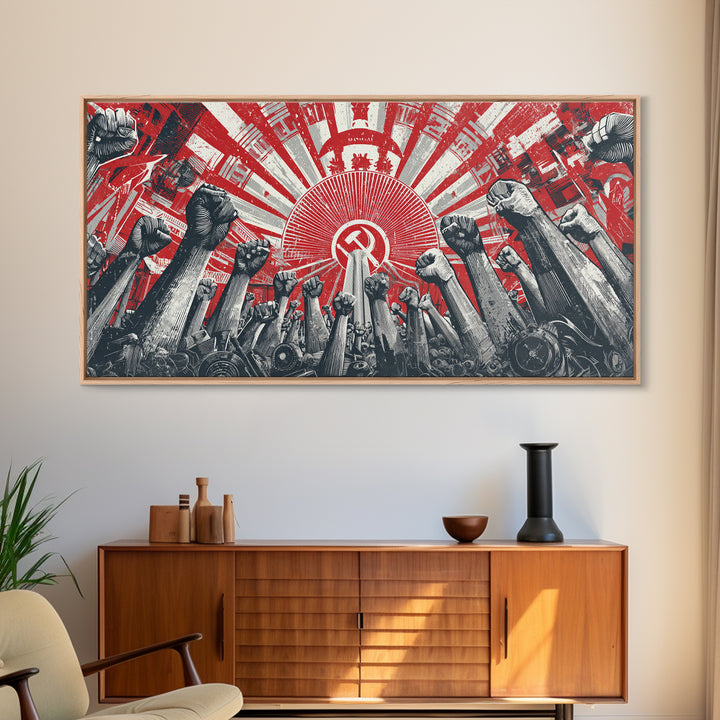 Raised Fists Revolutionary Sunburst Wall Art, Red Black Retro Poster, Midcentury Modern Decor, Bold Graphic Protest Print