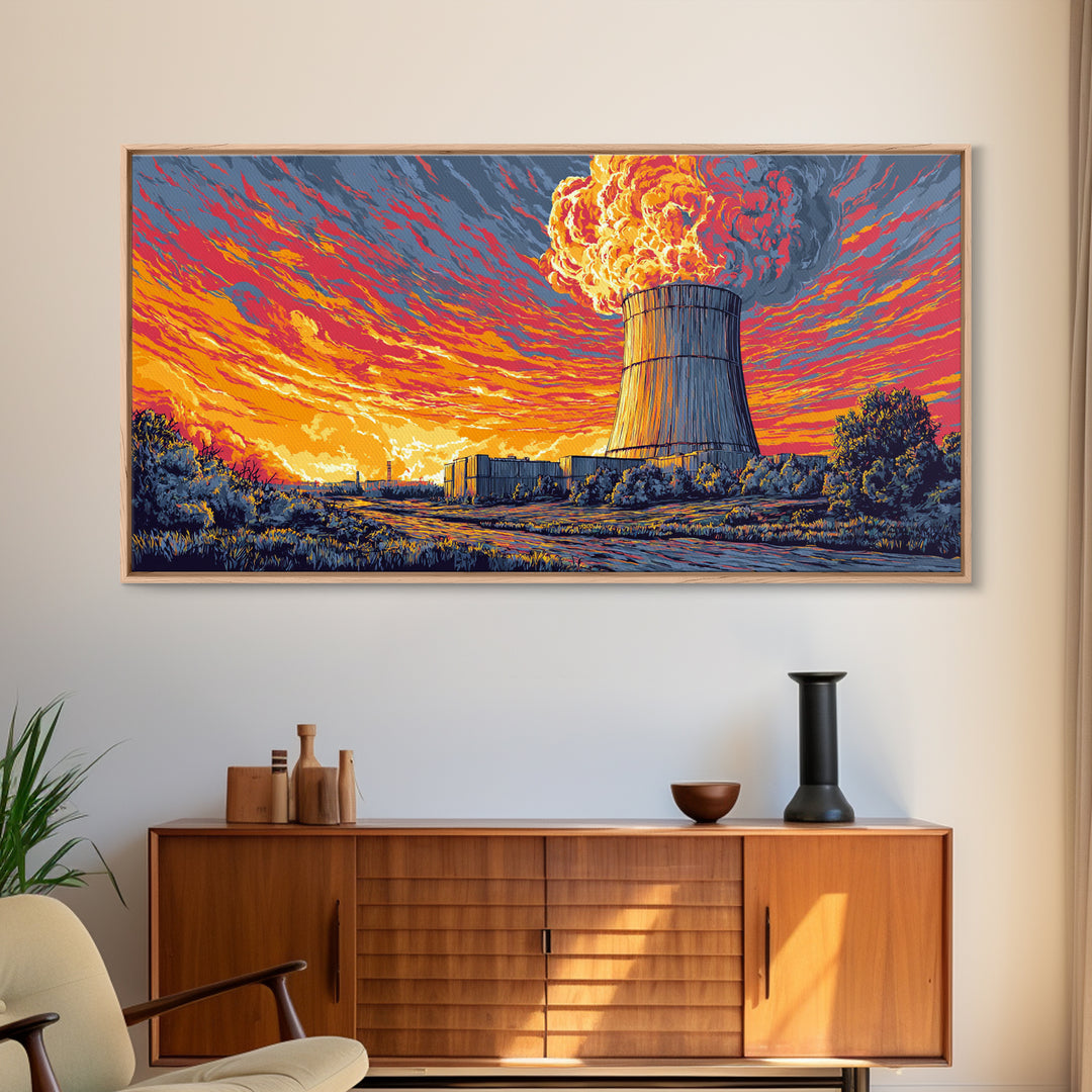 Fiery Nuclear Cooling Tower Sunset Canvas Print, Industrial Retro Futurist Poster, Midcentury Modern Wall Decor, Orange Sky Art