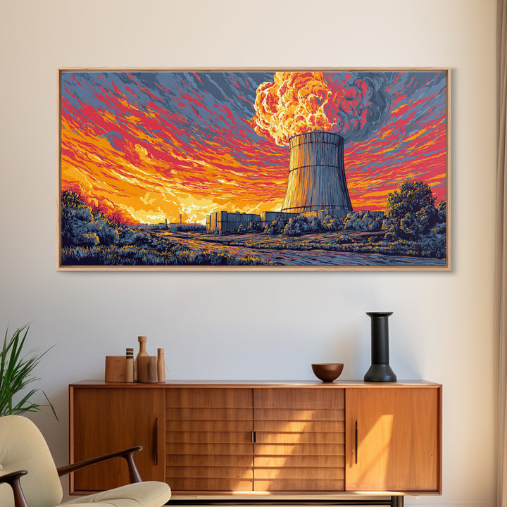 Fiery Nuclear Cooling Tower Sunset Canvas Print, Industrial Retro Futurist Poster, Midcentury Modern Wall Decor, Orange Sky Art