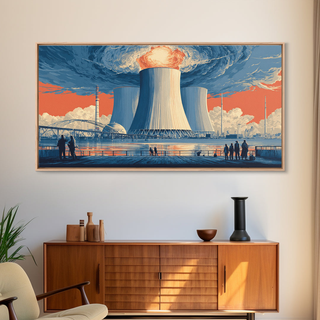 Waterfront Nuclear Power Station Framed Canvas Print, Retro Futurist Industrial Poster, Midcentury Modern Wall Art Decor