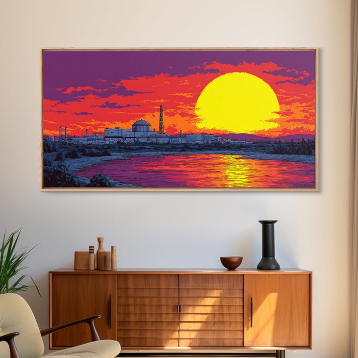 Purple Sunset Nuclear Plant Canvas Print, Retro Futurist Industrial Poster, Midcentury Modern Wall Art, Orange Lake Decor