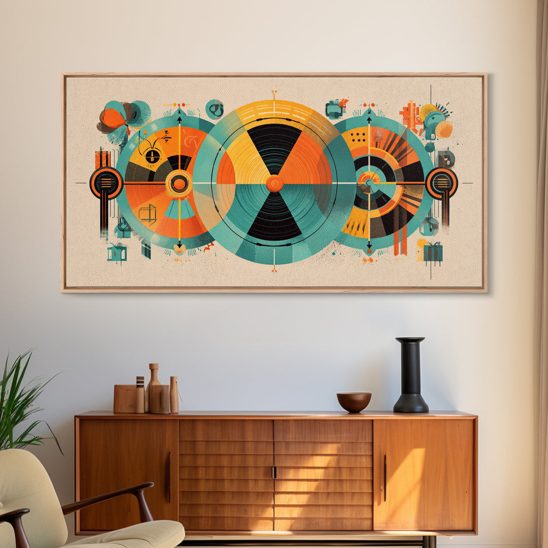Abstract Atomic Circles And Teal Orange Geometry Wall Art, Bauhaus Midcentury Modern Decor, Retro Geometric Poster Print